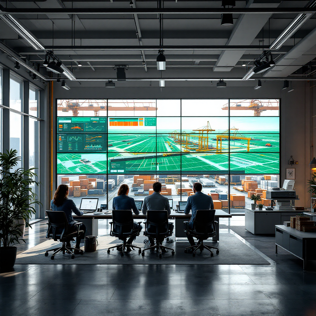 An automated control room with large screens showing a graphical stowage plan, cranes and yard layout, people collaborating, bright natural lighting