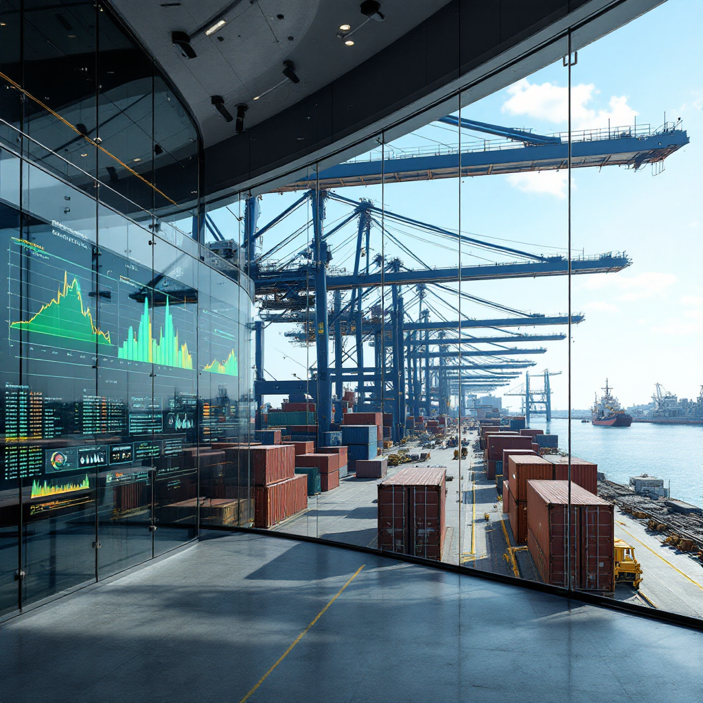 A busy container quay with multiple cranes working in coordinated tandem, automated systems displaying scheduling overlays in a control room, under clear sky, no text or numbers