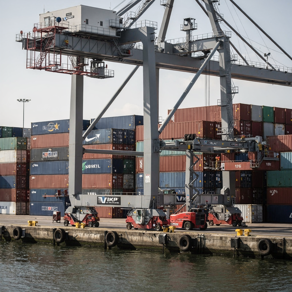 Close-up of a modern quay crane and automated yard equipment operating beside neatly organised stacks of containers, showing technological coordination and movement paths