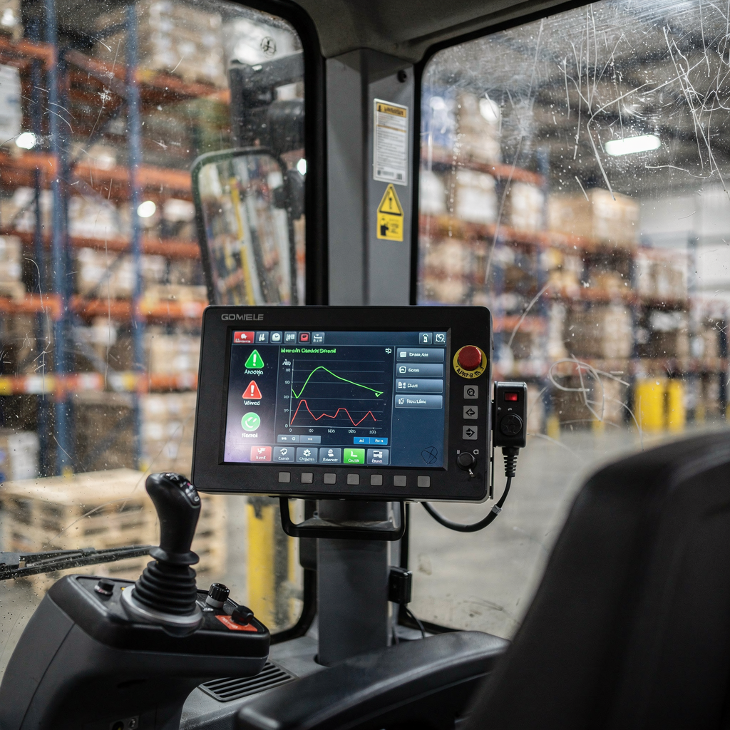 Crane cabin dashboard with alerts and graphs Close-up of a crane operator control cabin with a digital dashboard showing alerts and graphs; no text or numbers visible