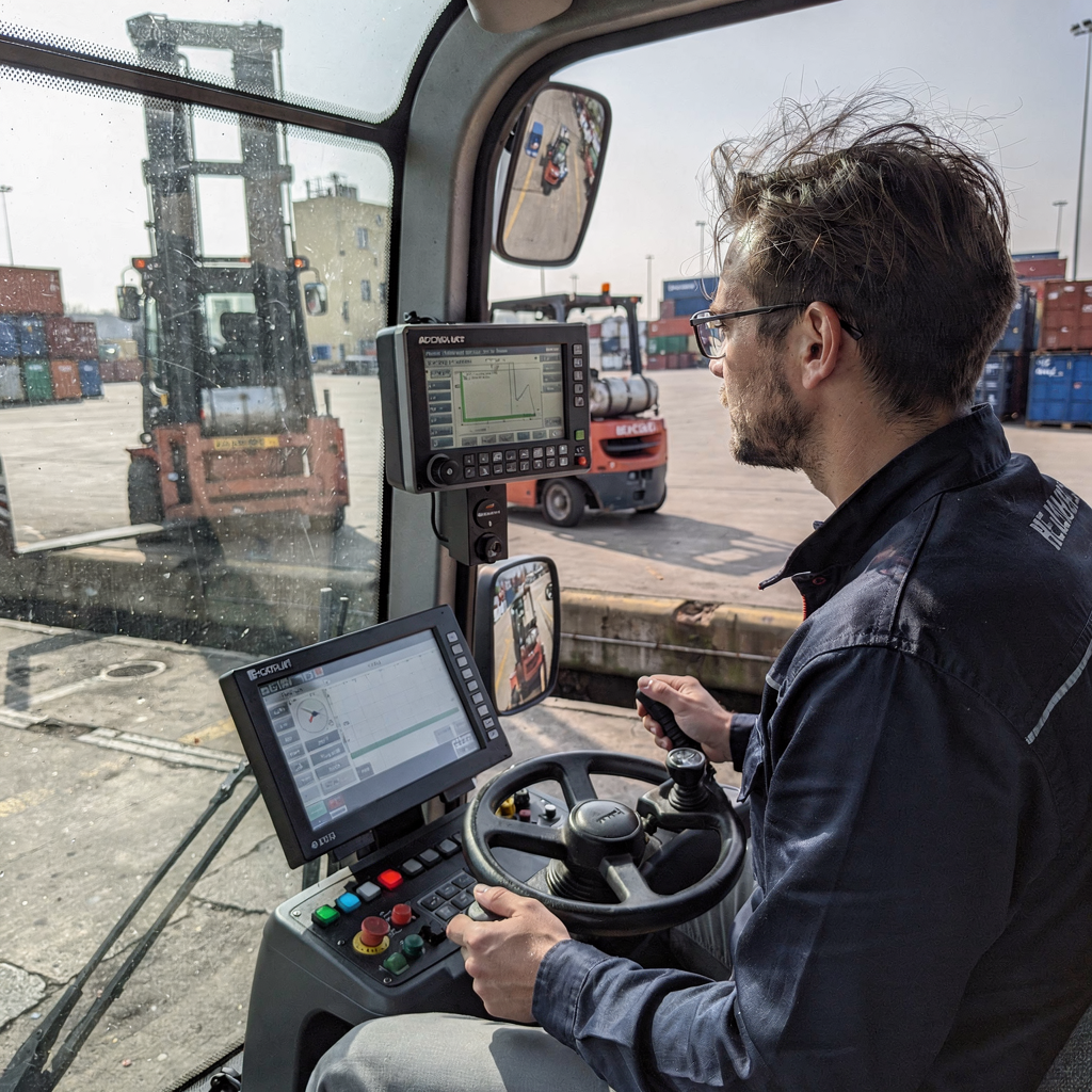 Crane cabin with digital displays and yard equipment illustrating mixed automation Close-up of a quay crane operator cabin with digital displays and a forklift working nearby, showing the interaction between human control and automated systems