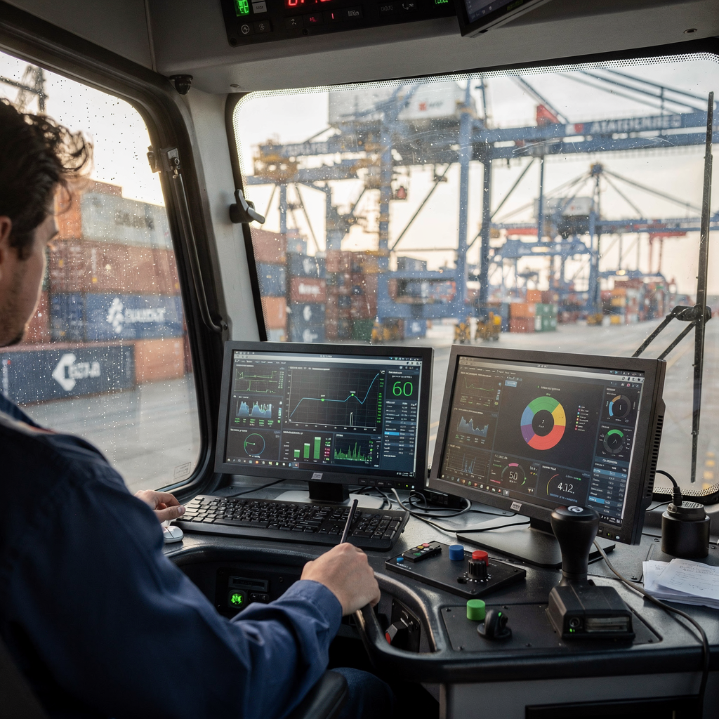 Crane cabin with maintenance dashboards and sensor readouts Close-up view of a container crane cabin with operators and digital screens showing maintenance dashboards and sensor readouts, with cranes and containers visible in the background