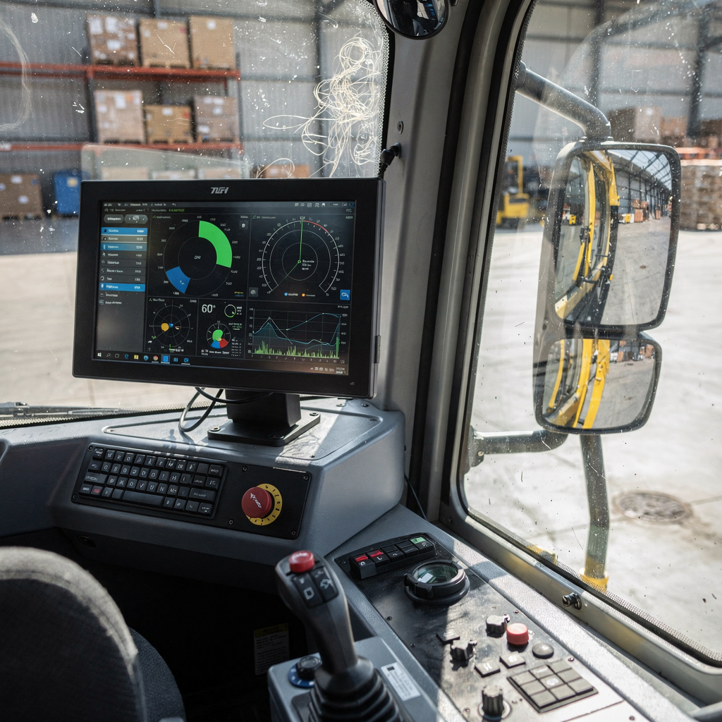 Crane control cabin with telemetry displays Close-up view of a crane control cabin interior with digital displays showing telemetry and analytics, no text or numbers, realistic style