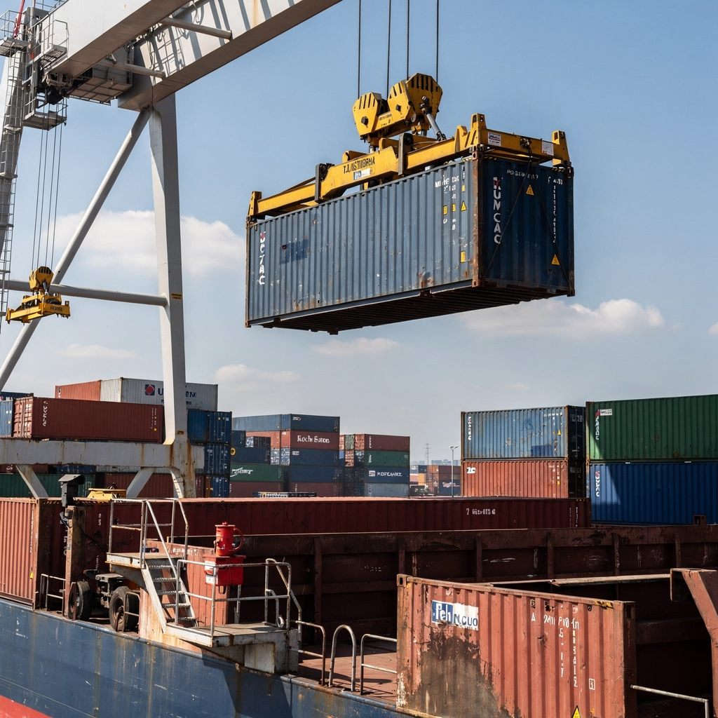 Crane lifting container above vessel Close-up view of a ship-to-shore crane lifting a container over a vessel hold with a clear sky and container stacks in the background; high resolution, no text
