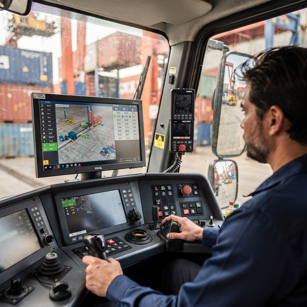 Crane operator cabin with digital dashboards Close-up of a container crane operator cabin with digital dashboards and a screen showing scheduling overlays and simulated movements, no text or numbers