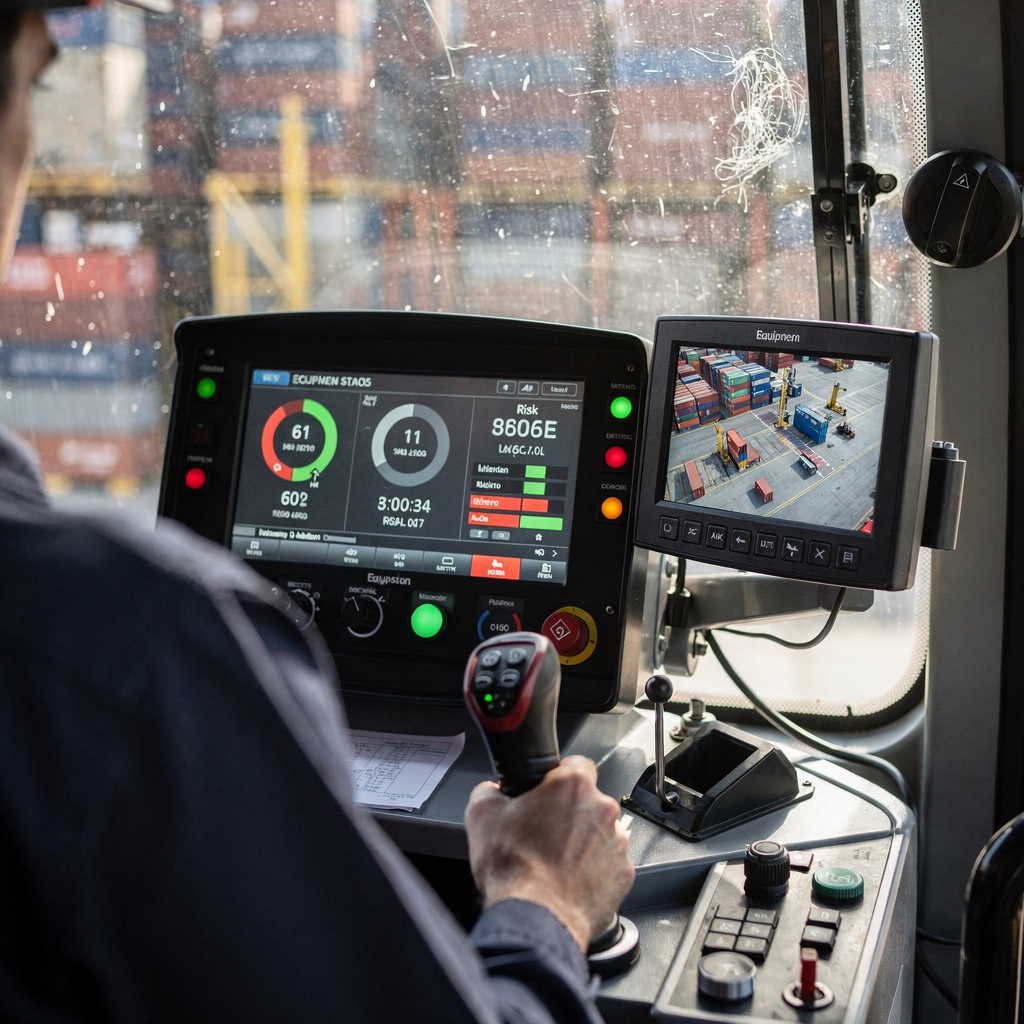 Crane operator dashboard with risk indicators Close-up view of a crane operator cabin with a digital dashboard showing risk scores, equipment status lights, and a small live map of container moves; no text or numbers