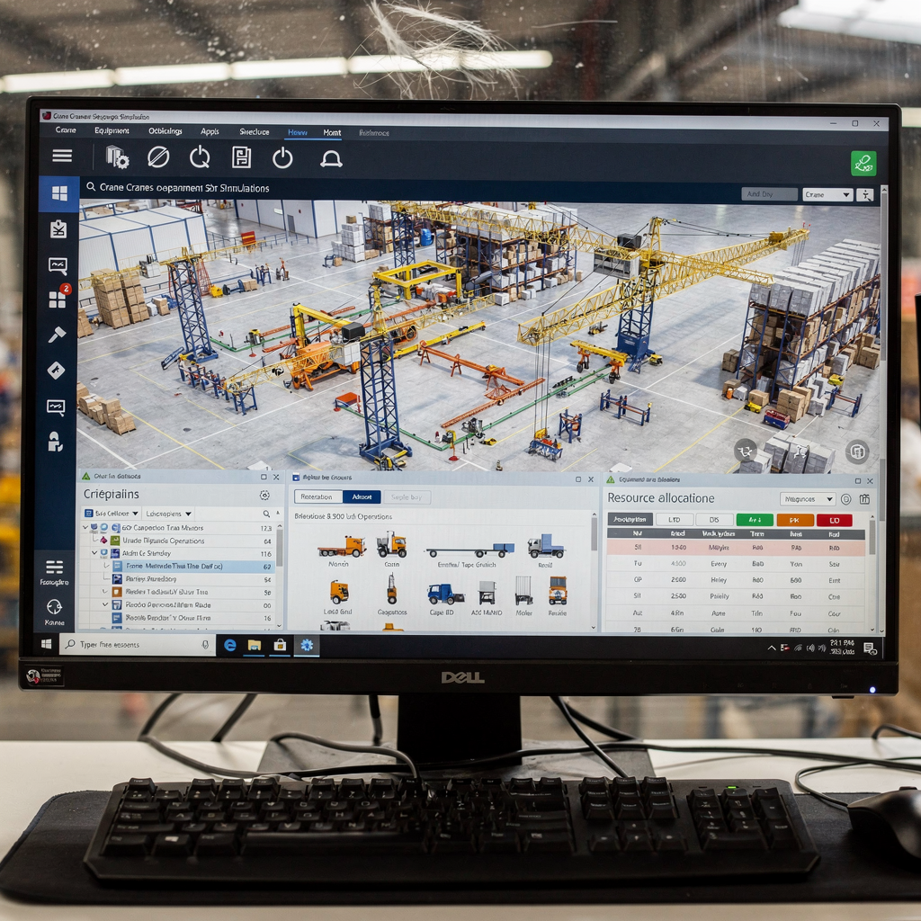 Crane operations simulation dashboard showing equipment paths and resource allocation