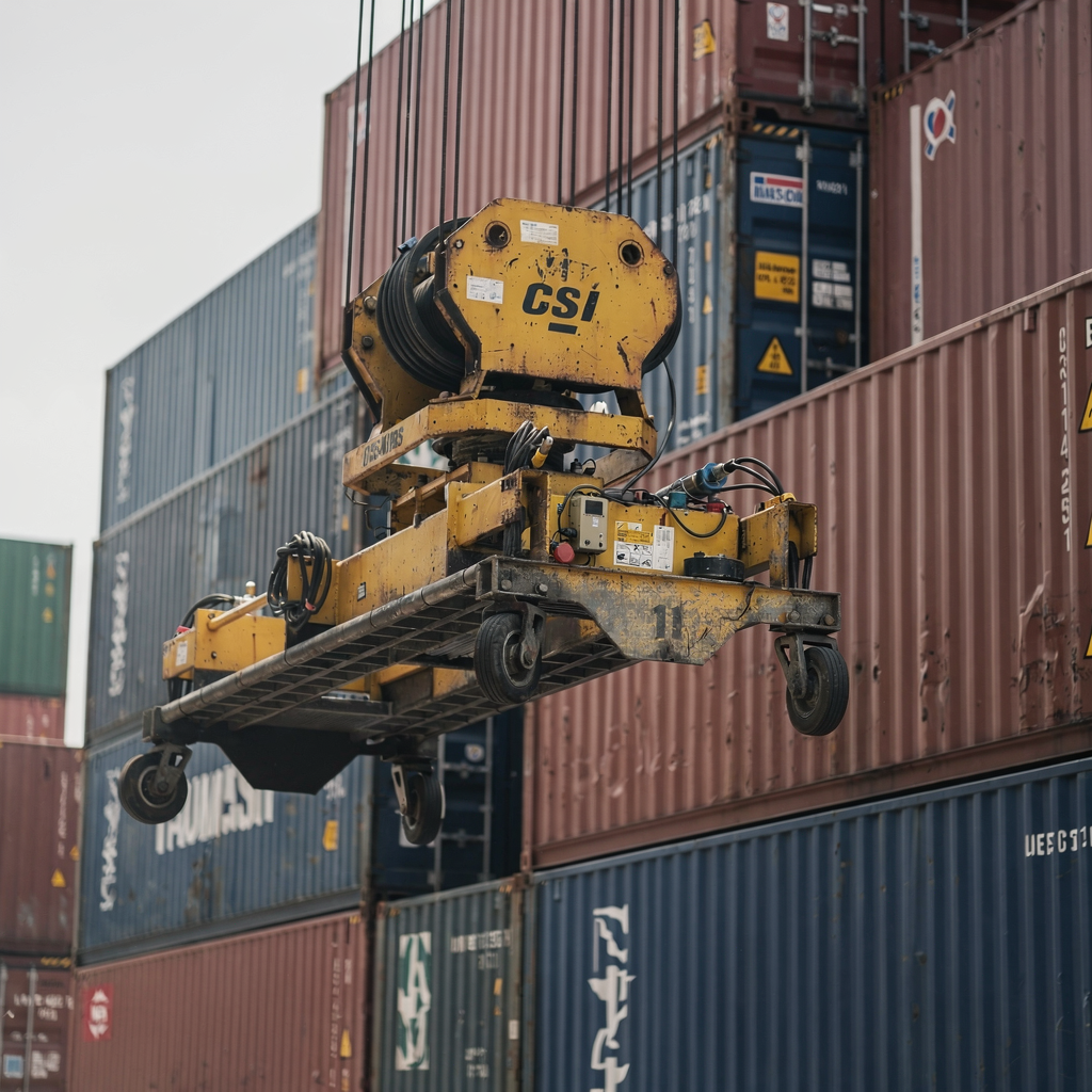 Crane trolley and spreader over container stacks Detailed close-up of a crane trolley and spreader in motion above stacked containers at a busy terminal, showing cables and hoist mechanisms, clear daytime lighting, no text