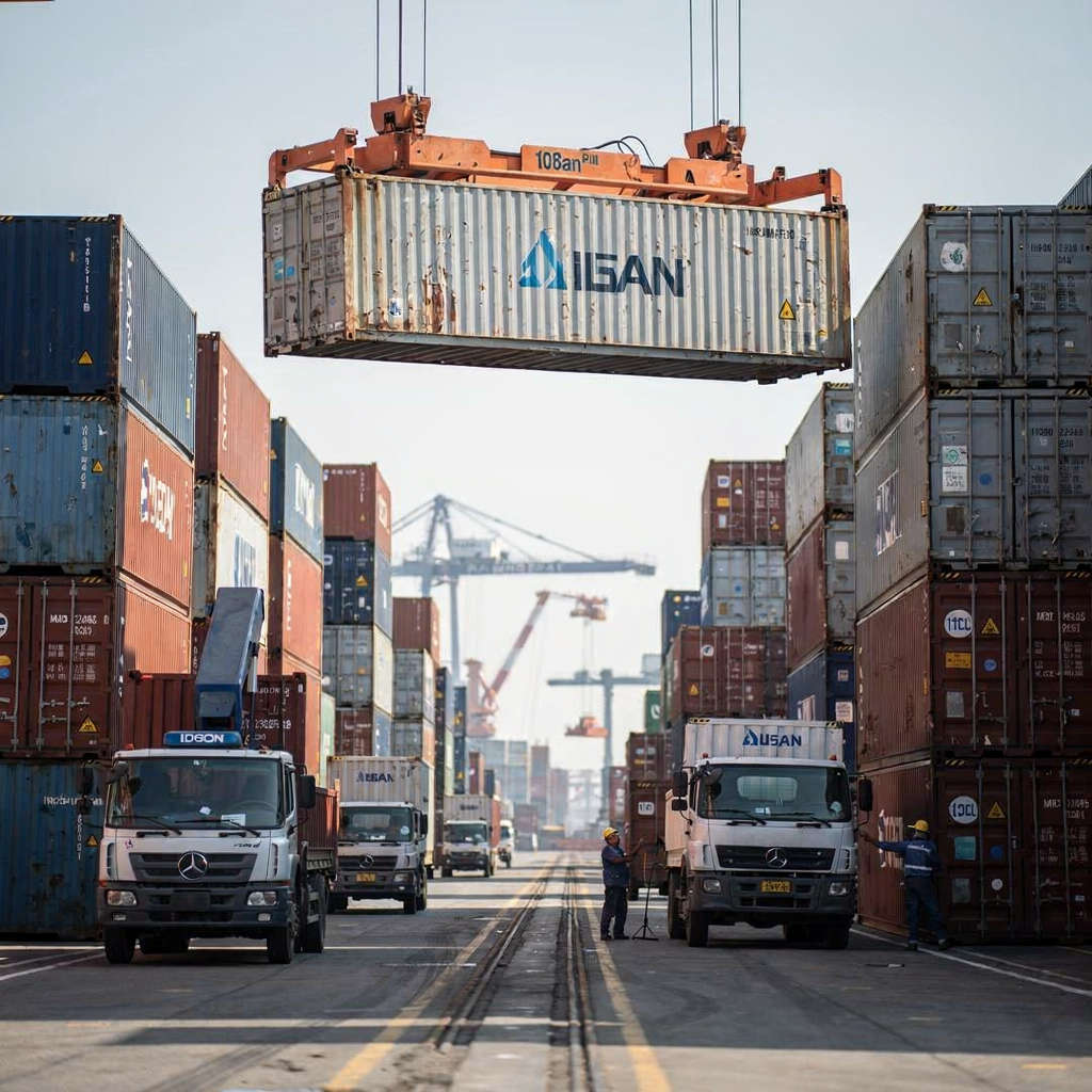 Close-up of yard operations showing cranes lifting containers, yard trucks moving along lanes, and workers coordinating near organized container blocks, clear daylight