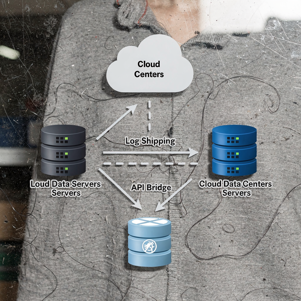 Database replication between on-premise and cloud A stylized diagram showing database replication between on-premise servers and cloud data centers with arrows indicating log shipping and API bridges, clean design, no text