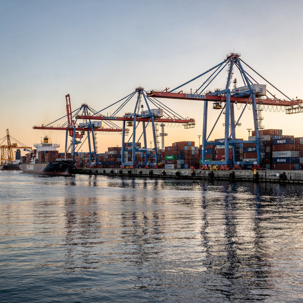 Deepsea container port with gantry cranes and ships A modern deepsea container port at sunrise showing multiple gantry cranes along a long quay, container stacks, and vessels berthed; clear sky and water reflections; no text or numbers