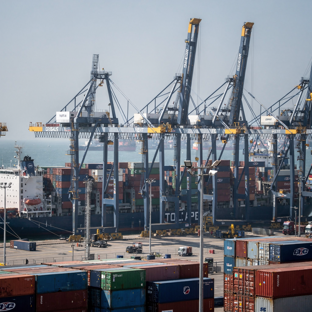 Deepsea container port with quay cranes A busy deepsea container port with several large quay cranes operating under clear sky, detailed view showing cranes, containers, and ships without text or logos