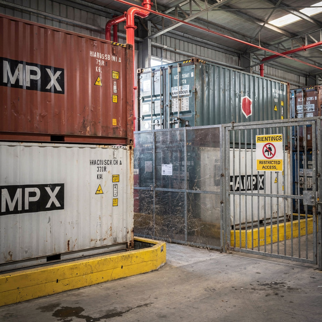 Designated hazardous storage area Interior of a controlled hazardous cargo storage area in an inland terminal showing labelled containers, spill containment bunds, fire suppression pipes, and restricted access gates; no people close-up