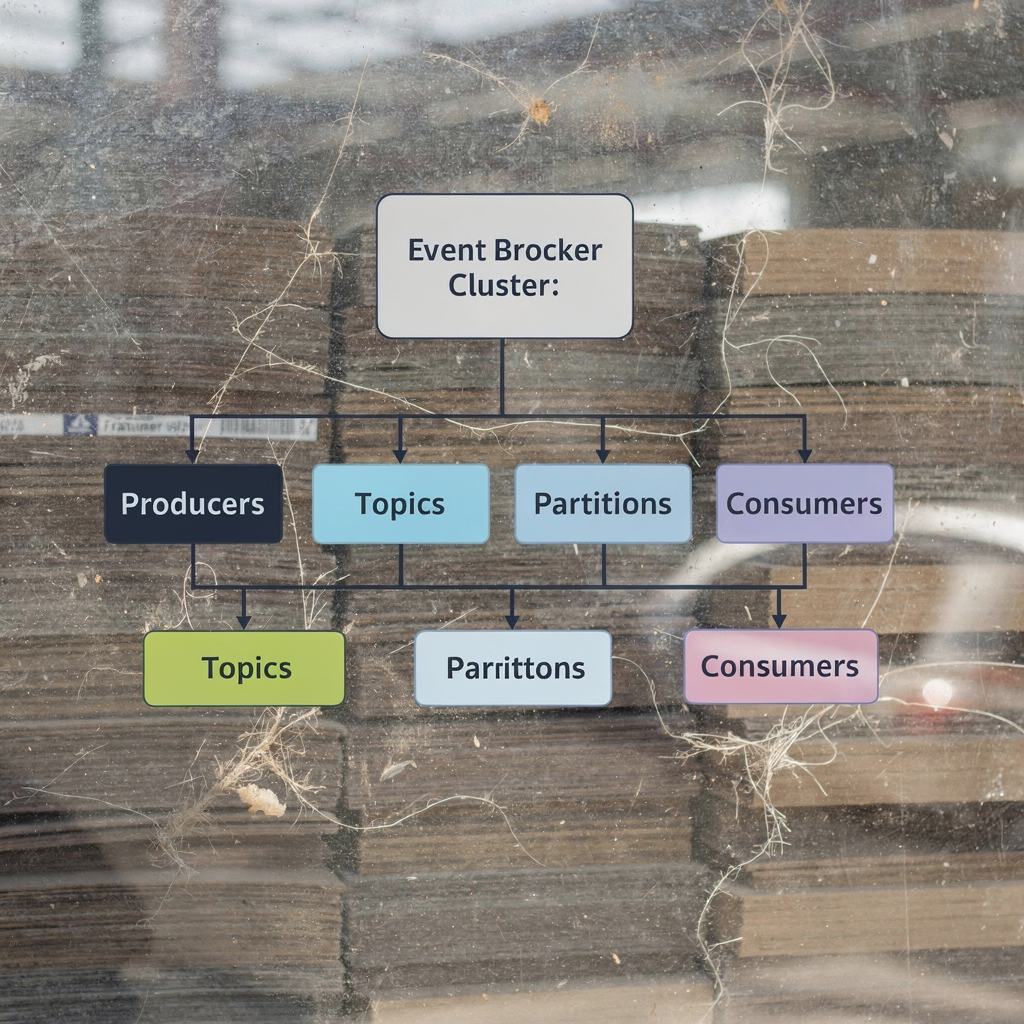 A stylized diagram of an event broker cluster with producers, topics, partitions and consumers, modern colors and clean lines, no text