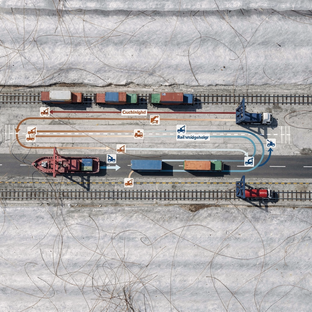 Diagram of multimodal container flow between rail, road and barge A clear diagram showing flow lines between rail, road, and barge with containers moving between a terminal yard, rail wagons, and trucks, featuring color-coded lanes and icons for cranes and AGVs, no text or numbers
