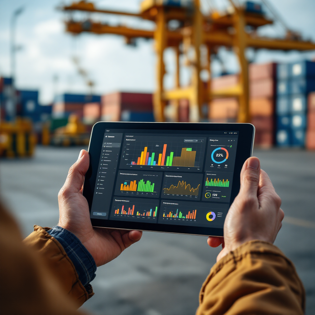 A digital dashboard showing berth schedules, yard heatmaps, container movements and KPI charts on a tablet on the quay, with cranes and stacked containers in the background