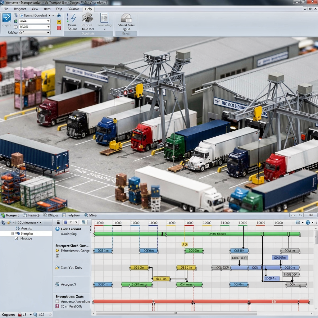 Digital model of a transport yard with event timelines and queues A detailed digital model of a transport yard with trucks, trailers, loading docks, cranes, and a software interface overlay showing event timelines and queues. No text or numbers.