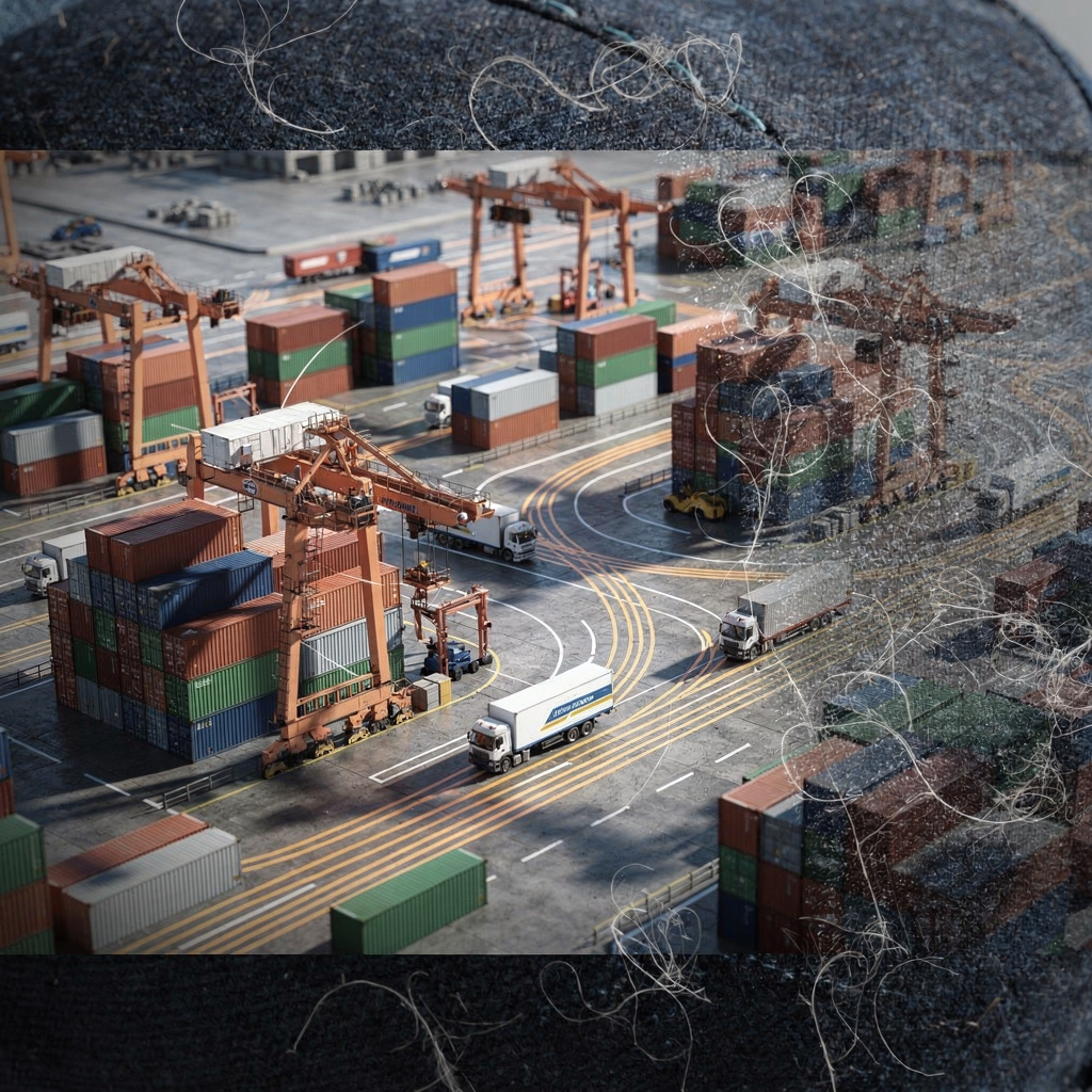 A 3D rendered digital twin view of a yard block with container stacks, RTGs moving, and path lines showing vehicle flows, no text