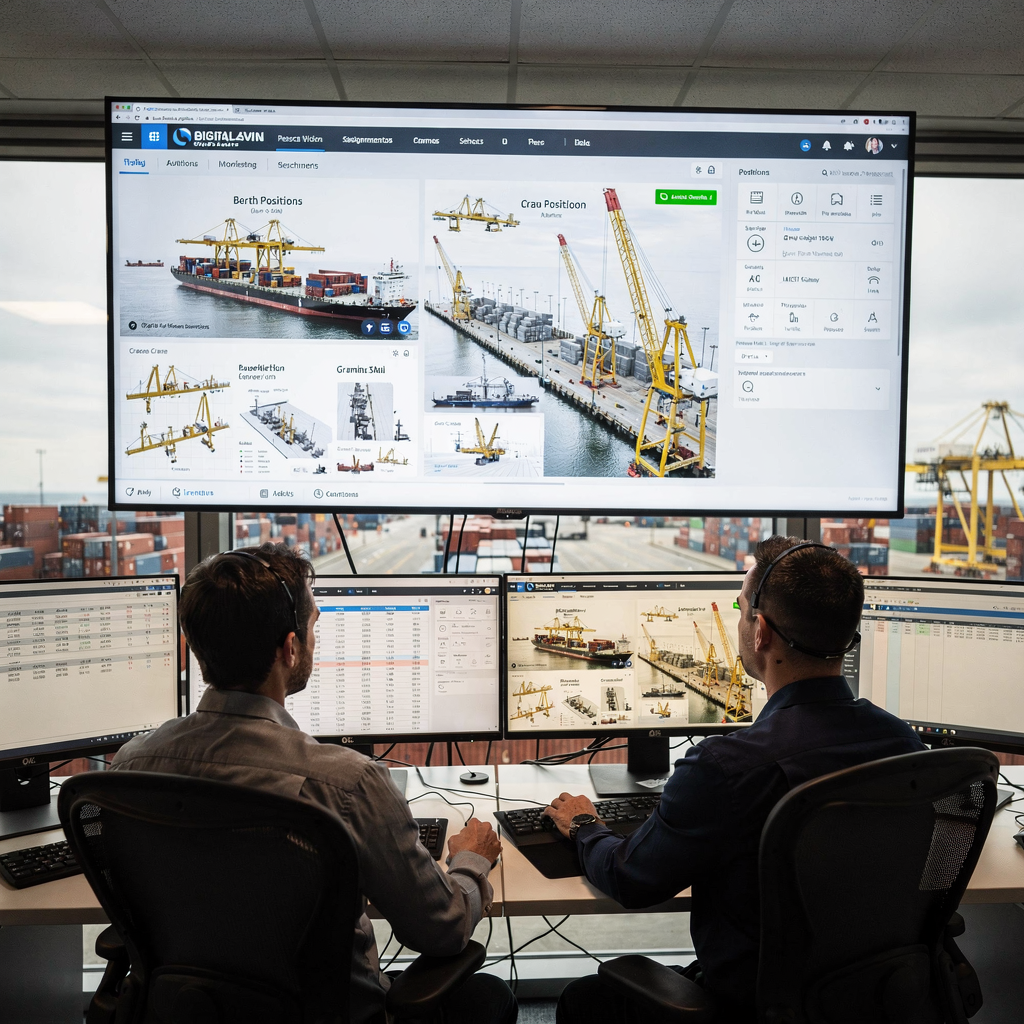 A control room view of a digital twin dashboard displaying berth positions and crane assignments with operators reviewing schedules, no text or numbers