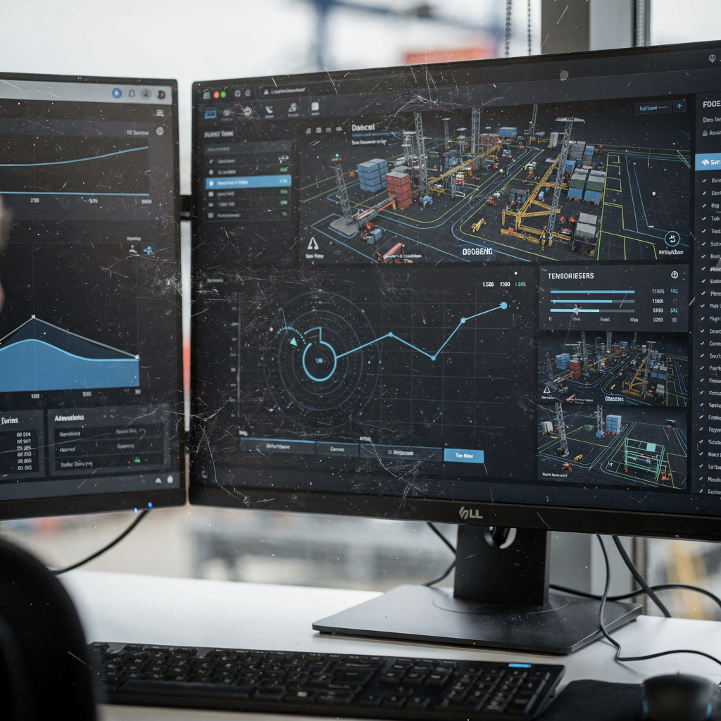 Close-up view of a modern port control room displaying a digital twin dashboard, graphs, and live telemetry overlays; no text or numbers on screens, no people in distress