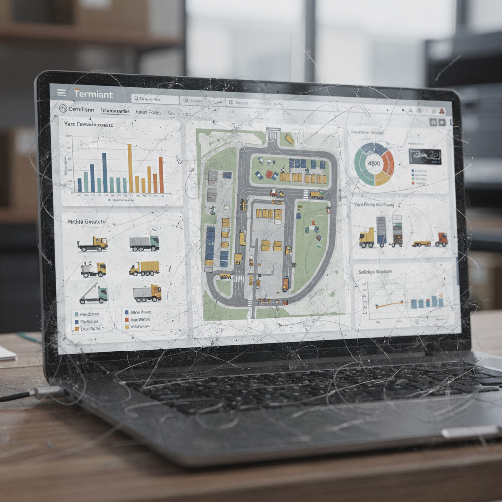 An illustration of a digital twin dashboard showing simplified charts, yard map, and equipment icons representing a terminal's operations in a clean, modern UI style, no text or numbers