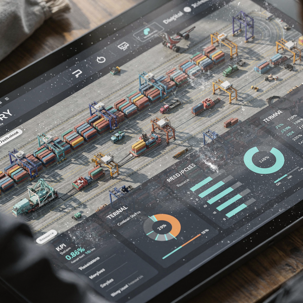 An isometric view of a digital twin dashboard showing a virtual terminal layout with animated container movement, visualized KPIs and resource status bars