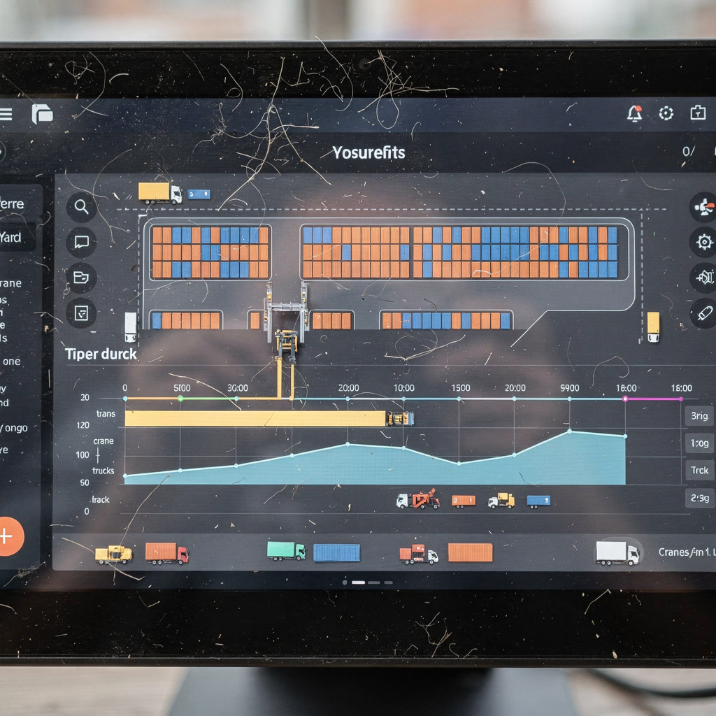 Close-up view of a digital twin dashboard showing a simplified yard layout, container blocks, and timelines for cranes and trucks; modern UI, no text or logos