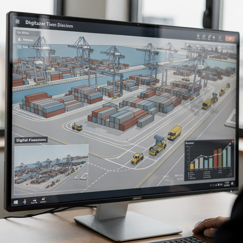 Digital twin dashboard view of a container terminal A detailed, high-resolution illustration of a modern container terminal digital twin dashboard showing simplified 3D yard stacks, quay cranes, automated guided vehicles, and data overlays, with a clear layout and muted colors (no text or numbers)
