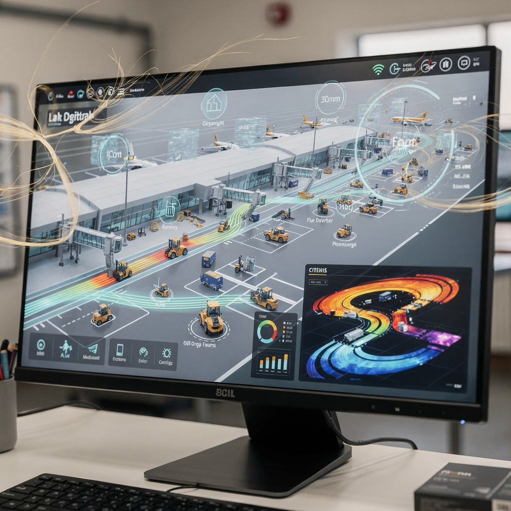 Digital twin dashboard visualization of airport concourse and live flows A schematic visualization of a digital twin dashboard showing a stylized airport concourse with live data overlays, equipment icons, and flow heatmaps, modern UI aesthetic, no text