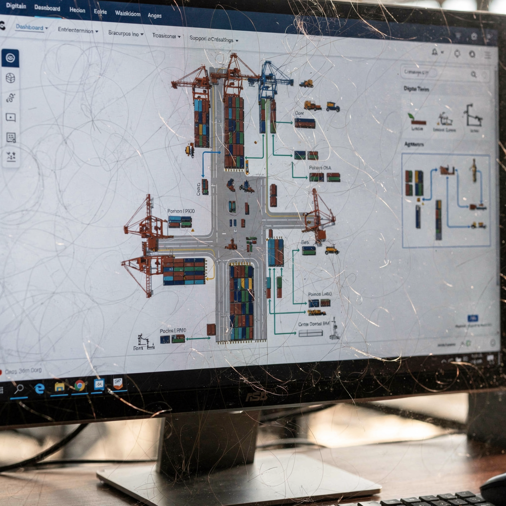High-level diagram view of a digital twin dashboard showing a port terminal layout, equipment icons, and simulated flows, no text or numbers