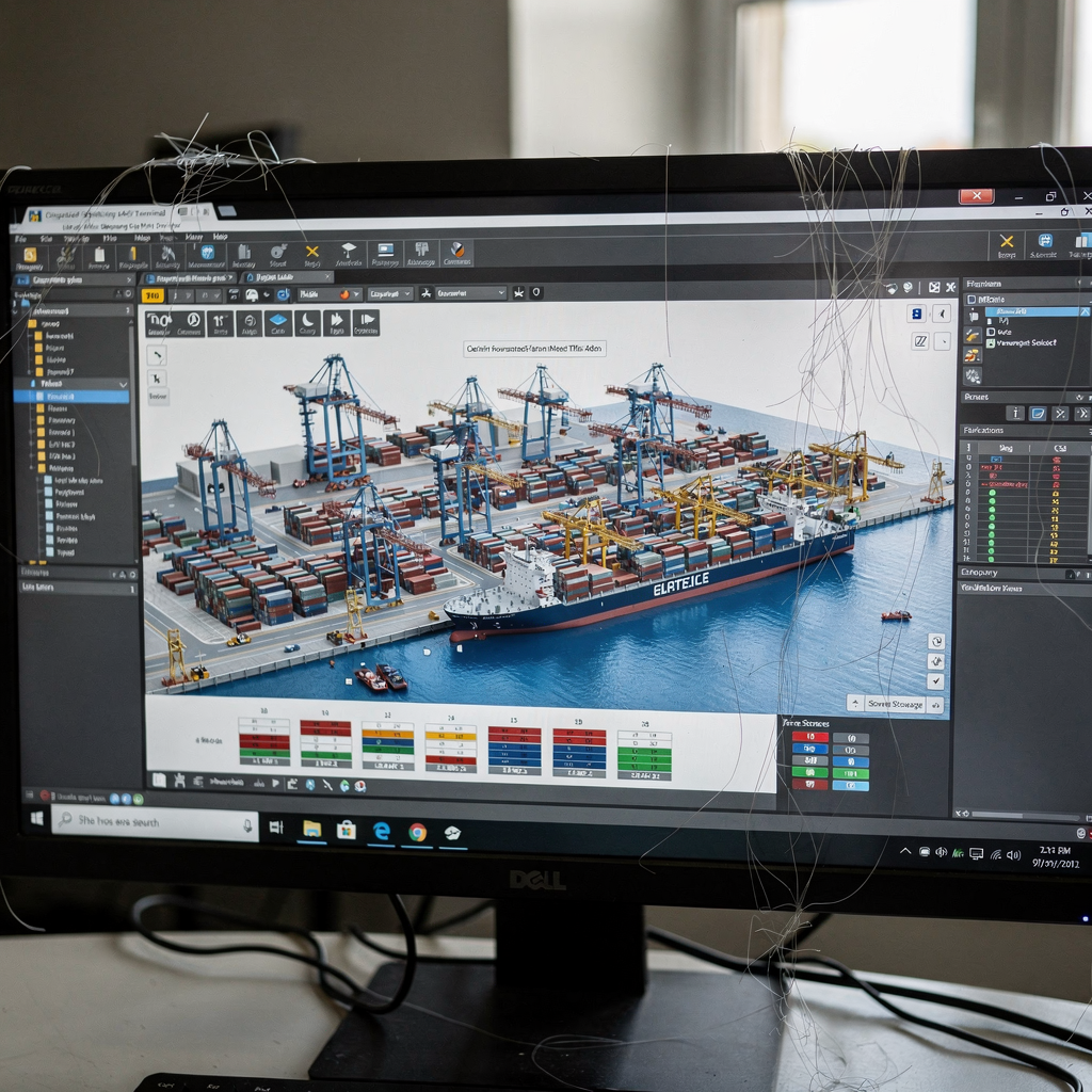 A control room screen showing a digital twin of a container terminal with yard blocks, cranes, and vessel stowage plan, with clear interface elements but no text