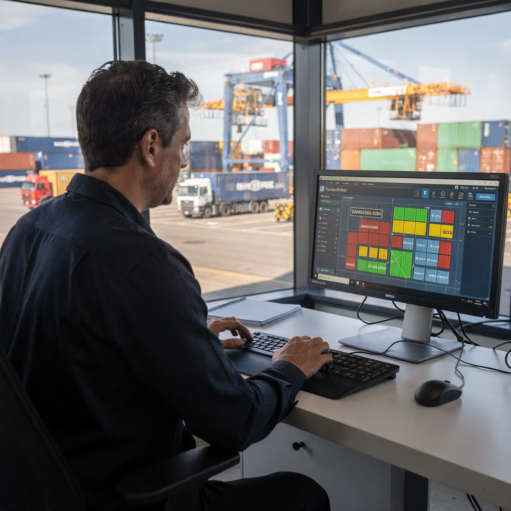 Terminal planner using a digital twin interface showing container placements, dangerous goods blocks highlighted in colour, cranes and trucks in the background