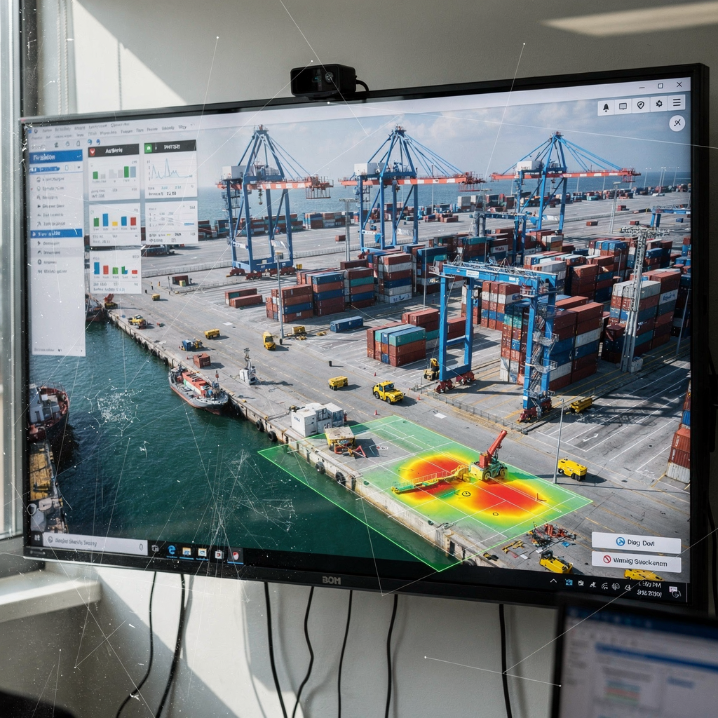 Digital twin interface of a container terminal A high-detail, photorealistic aerial view of a modern container terminal digital twin interface on a large screen in a control room, showing quay cranes, stacked containers, AGVs, and heatmap overlays