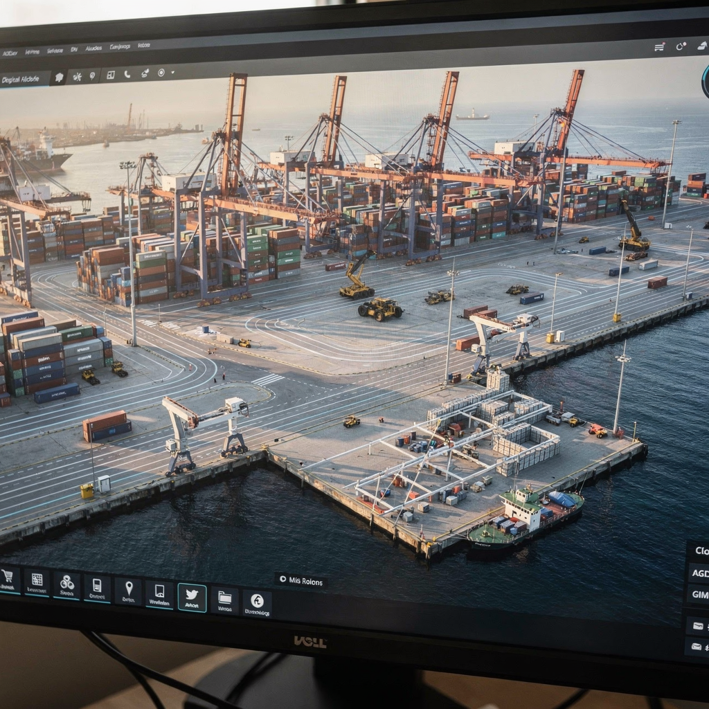 Digital twin interface of automated terminal A detailed, realistic view of an automated container terminal digital twin interface showing cranes, stacks, AGV paths, and a berth layout, early morning light, no text or numbers