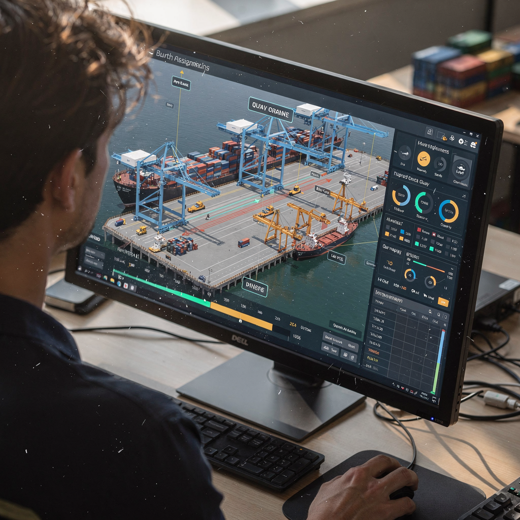 An isometric rendering of a digital twin interface displaying berth assignments, quay crane positions, and live container movement data on overlays, with a control panel and timeline