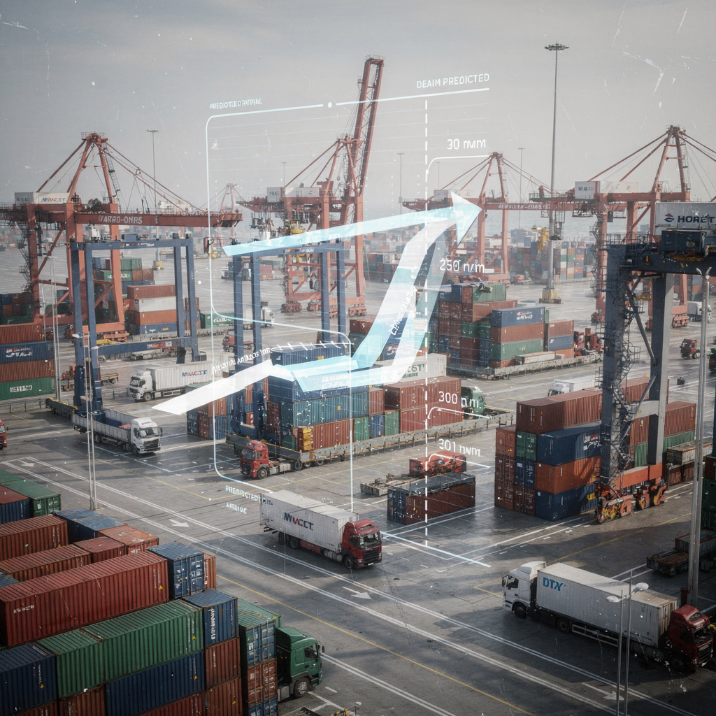 Digital twin of container terminal with predicted arrivals A busy container terminal digital twin visualization showing cranes, containers, trucks and overlayed predicted arrival timelines, no text