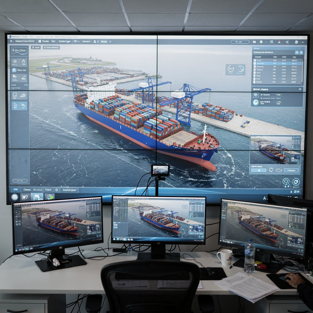 A high-tech control center showing a digital twin of a container yard and vessel loading simulation on a large display, no text or numbers