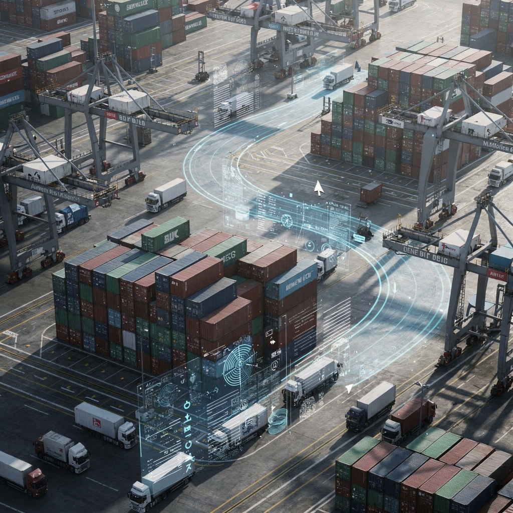 Digital twin overlay of a container terminal yard A high-detail aerial view of a modern container port yard showing stacked containers, yard cranes, trucks, and a digital overlay of simulated paths and data flows, no text or numbers