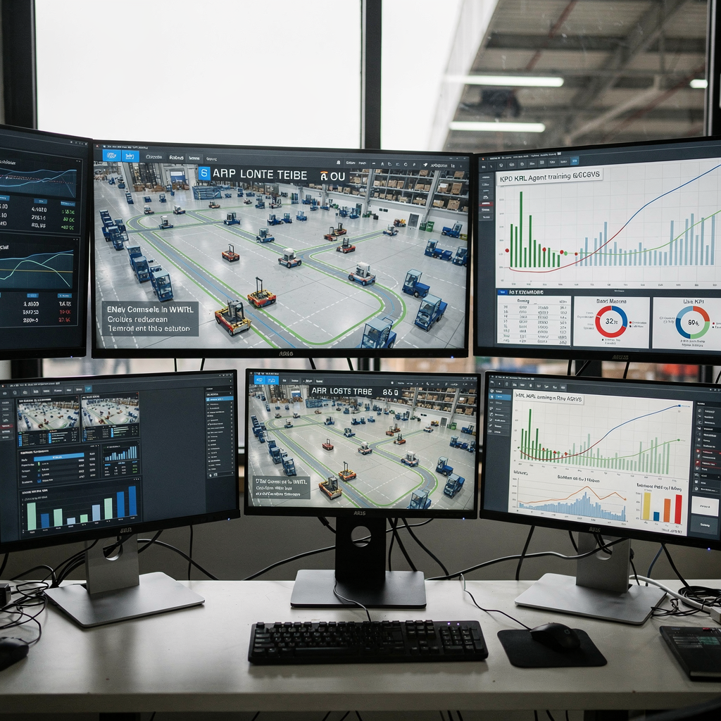 Digital twin showing RL training and AGV paths A digital twin control room showing terminal layout, simulated AGV paths, live KPIs and RL agent training curves on screens; clean, technical visual with no text