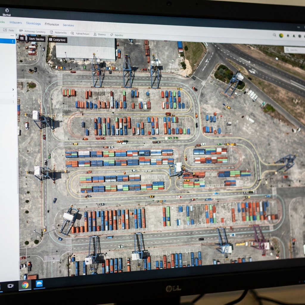 A high-level simulation dashboard showing a top-down visualization of yard stacks, cranes, and vehicle paths in an inland terminal digital twin; clear graphical blocks with colour-coded flows, no text