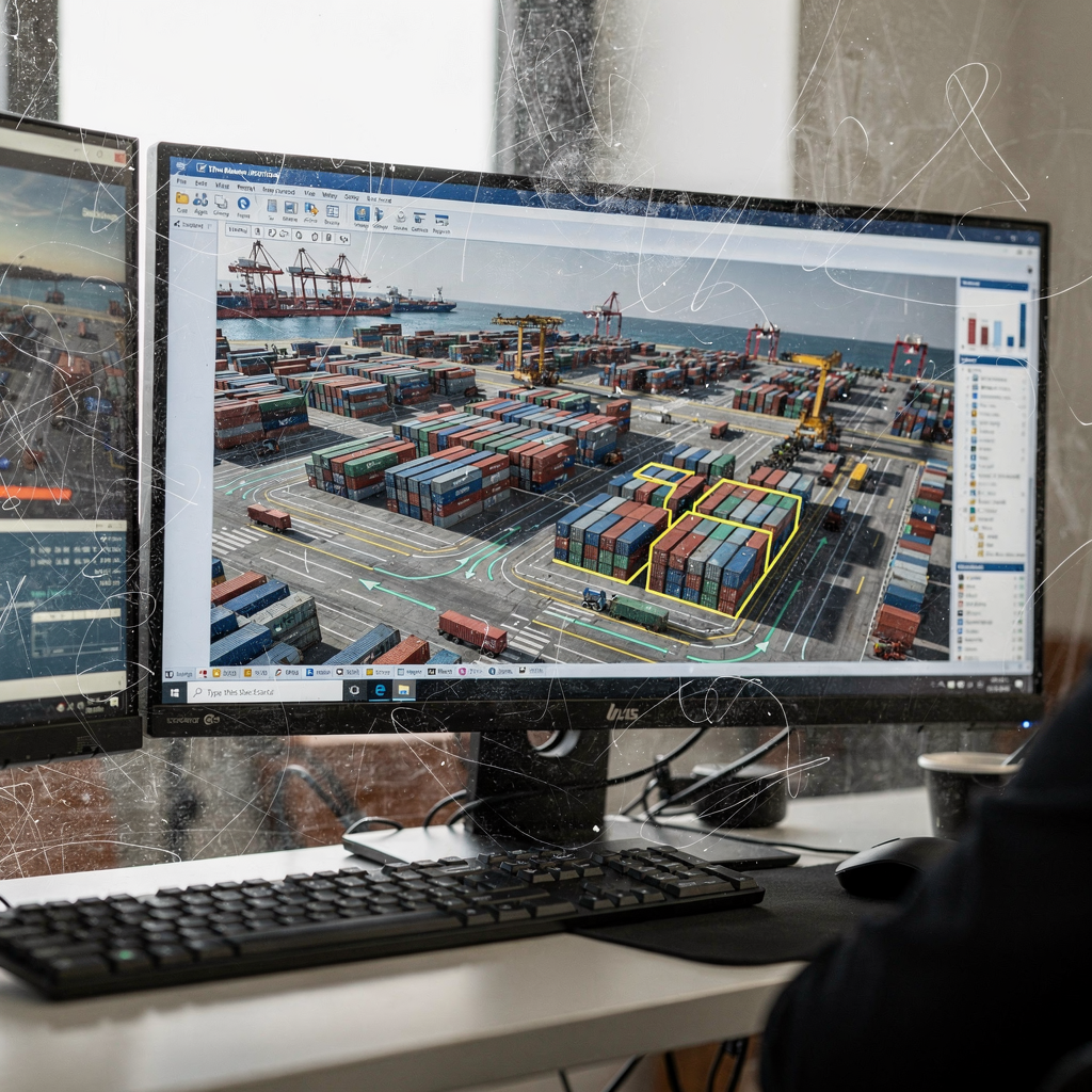 A control centre screen showing a digital twin simulation of a port yard with highlighted container blocks and simulated vehicle paths, no text