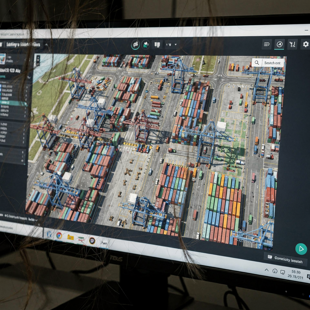 Digital twin view of container terminal A bird's-eye view of a modern container terminal digital twin interface showing simulated container flows, cranes, trucks and color-coded yard density, minimalistic UI style, no text