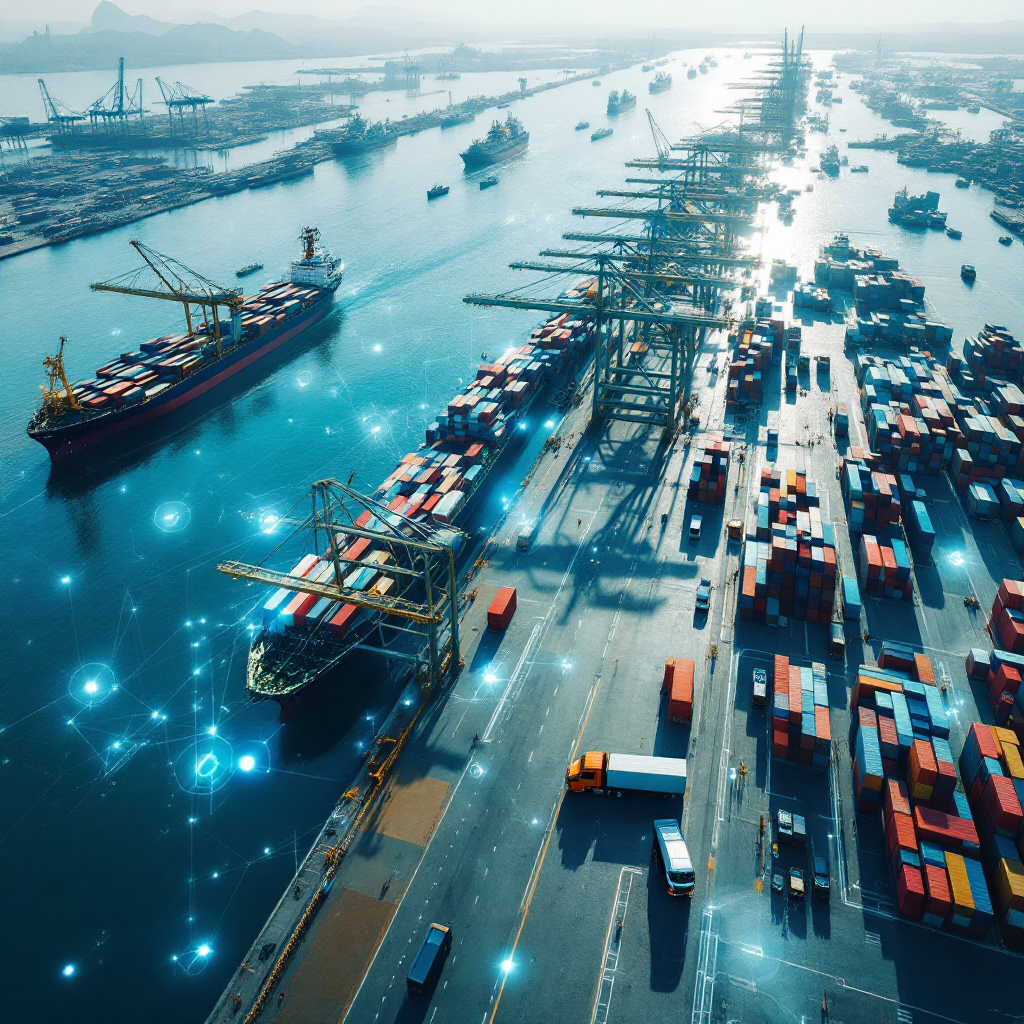 A realistic aerial-style digital illustration of a busy deepsea container port with ships at multiple berths, quay cranes moving containers, yard stacks of containers, trucks at gates and a translucent overlay showing data streams connecting live sensors to a digital twin interface