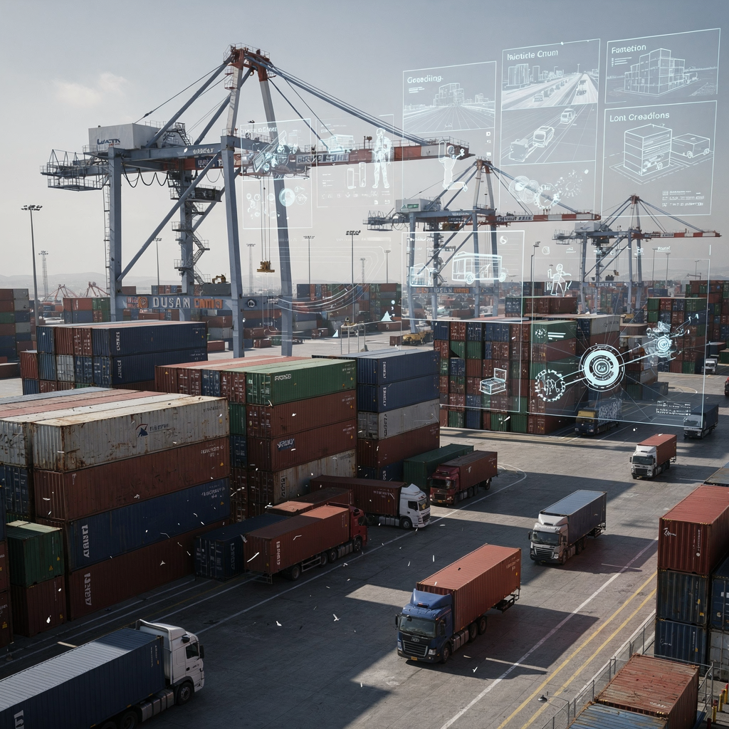 A high-fidelity digital twin visualization of a container terminal showing cranes, stacked containers, trucks and simulation overlays representing different scenarios (no text or numbers)