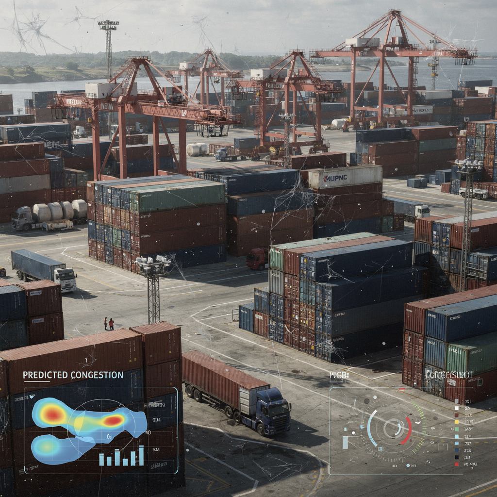 A detailed digital twin visualization of a container yard showing stacks, cranes, trucks, and data overlays like heat maps and predicted congestion areas, no text