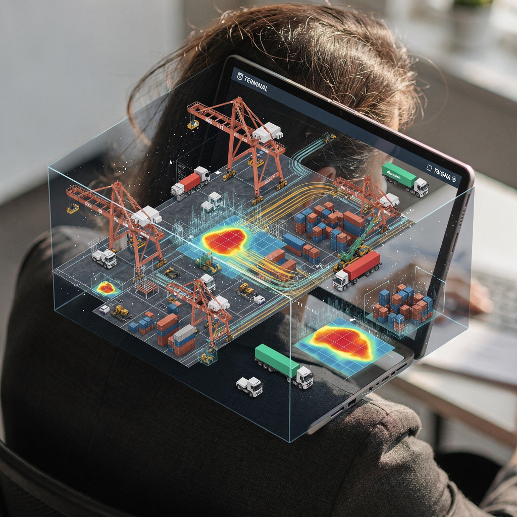 An isometric illustration of an operational terminal digital twin displaying cranes, stacks, trucks and overlays of flows and heatmaps, no text or numbers