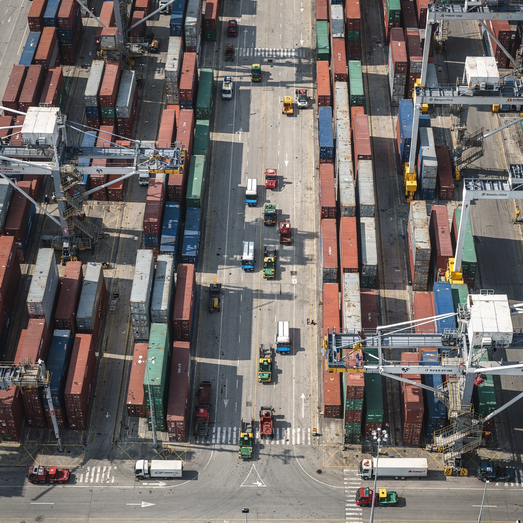 Efficient container yard with cranes and automated vehicles An overhead view of a container yard with cranes, automated guided vehicles, and stacks of containers arranged efficiently; clear lanes and active equipment movements. No text or numbers in the image.