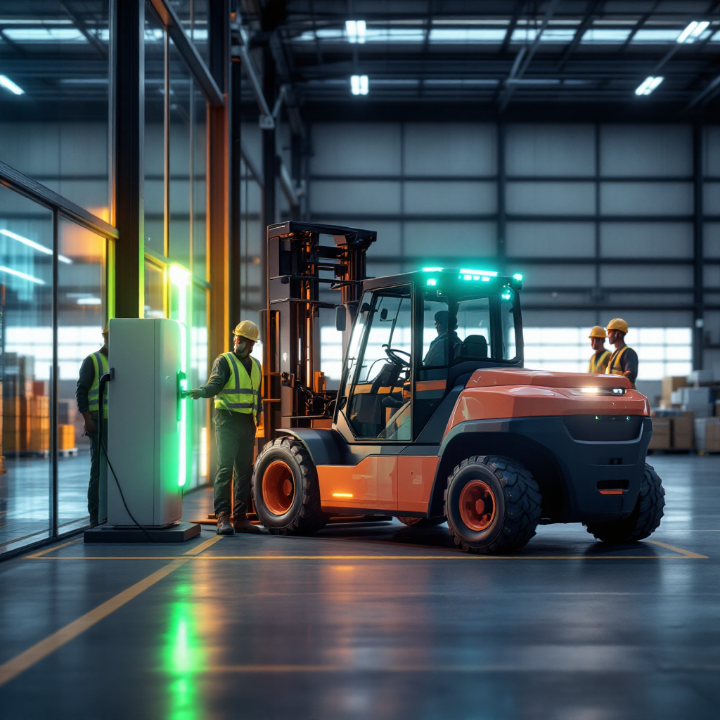 A modern electric terminal tractor charging at a yard charging station, with visible charging cable and a clean industrial backdrop without text, showing workers nearby but not interacting directly with the charger