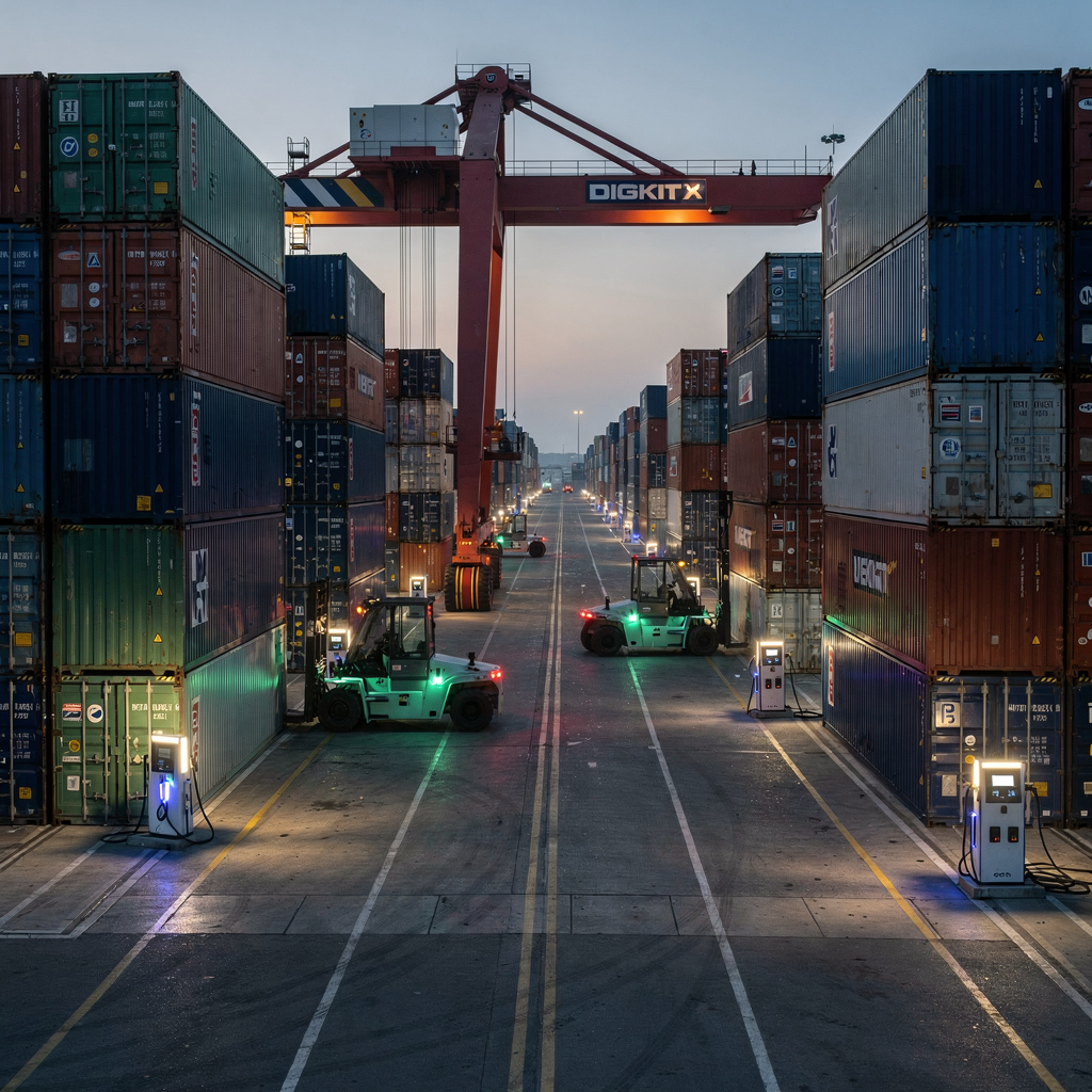 Electric yard tractors charging in container yard A modern container yard at dusk showing electric yard tractors and cranes working between stacked containers, with clear lanes and charging points visible, no text or numbers