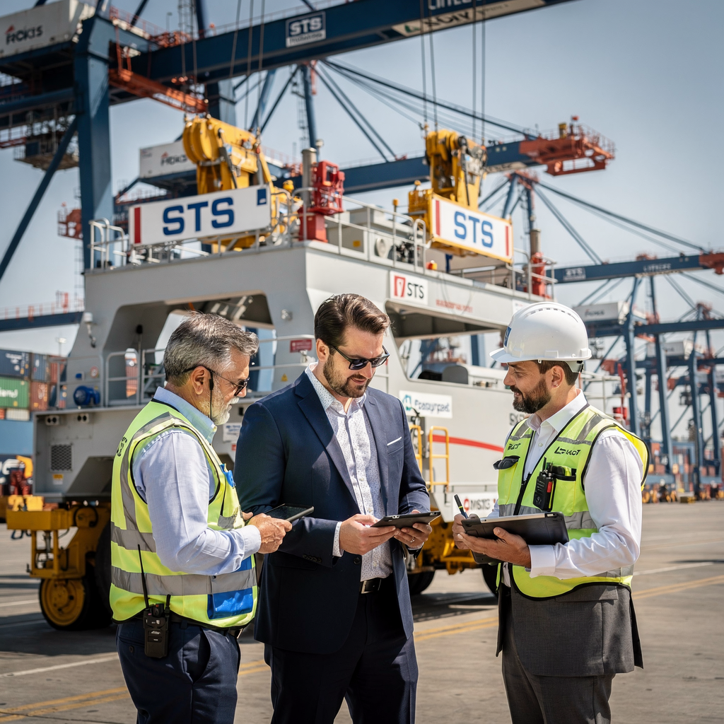 Engineers inspecting STS spreader and trolley Engineers inspecting a modern STS crane spreader and trolley at a container terminal, with cranes in background and technicians using tablets, daytime, clear conditions
